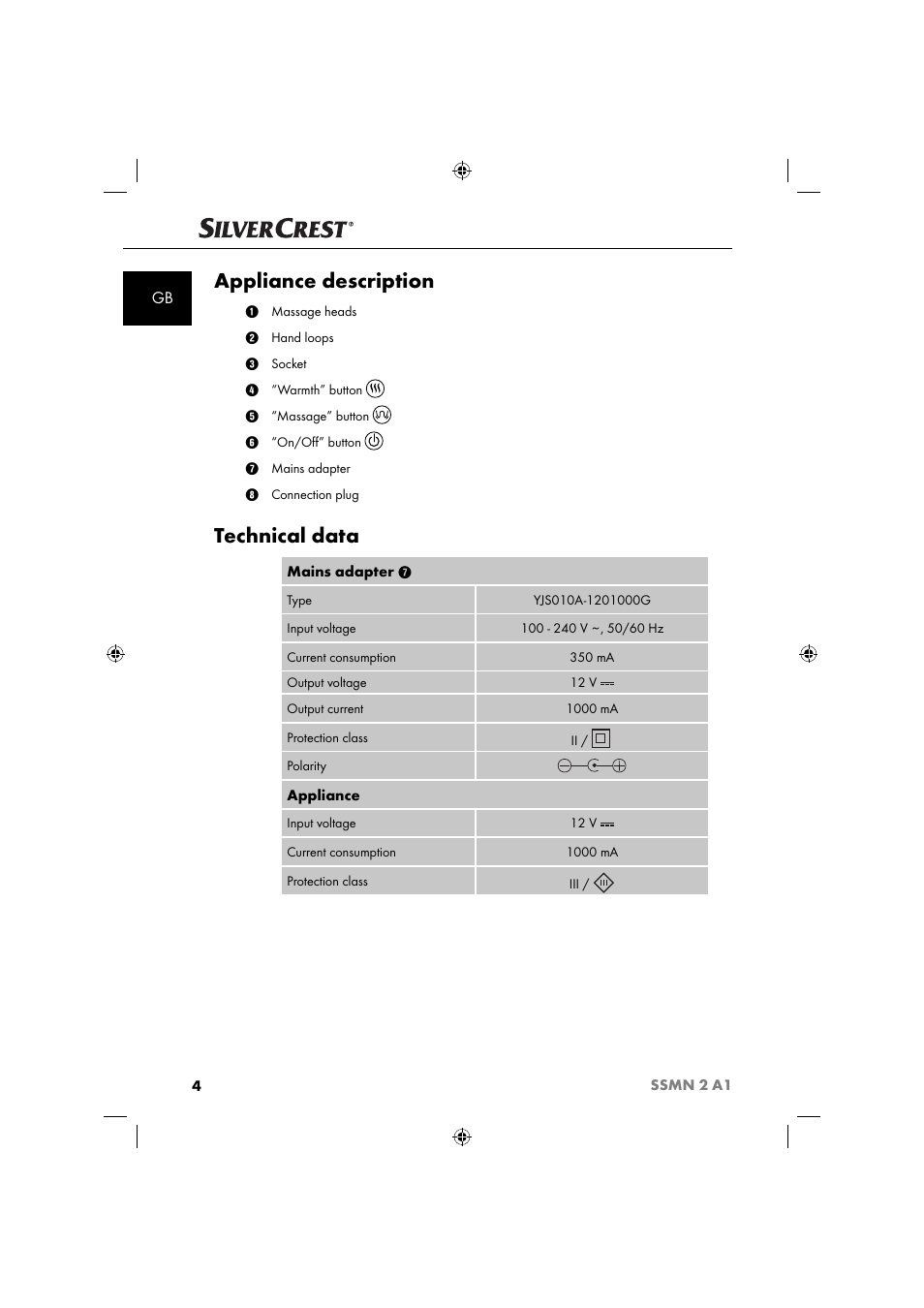 Appliance description, Technical data | Silvercrest SSMN 2 A1 User Manual | Page 7 / 45
