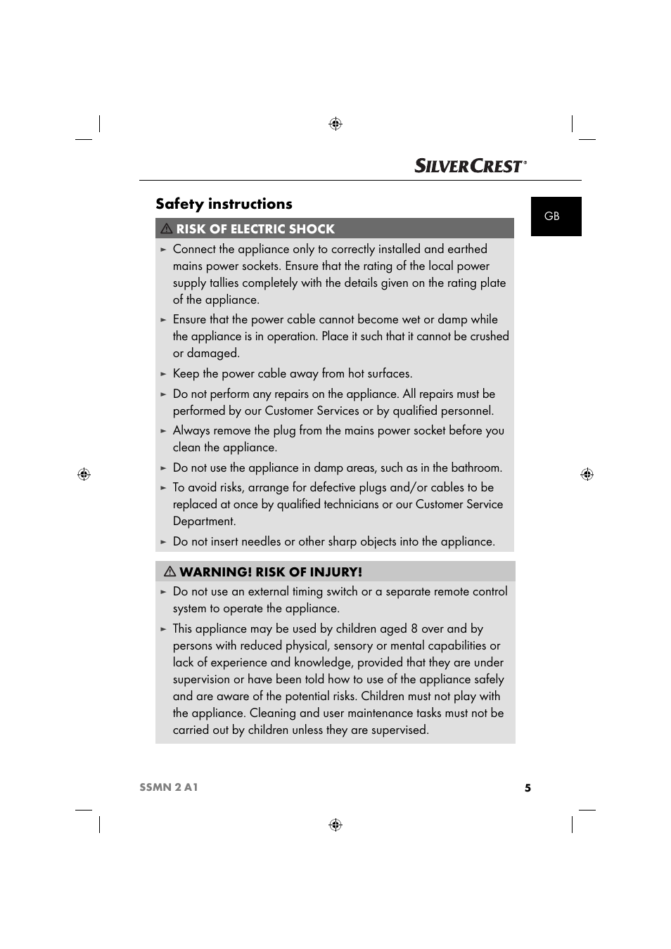 Safety instructions, Risk of electric shock, Keep the power cable away from hot surfaces | Silvercrest SSMN 2 A1 User Manual | Page 8 / 45