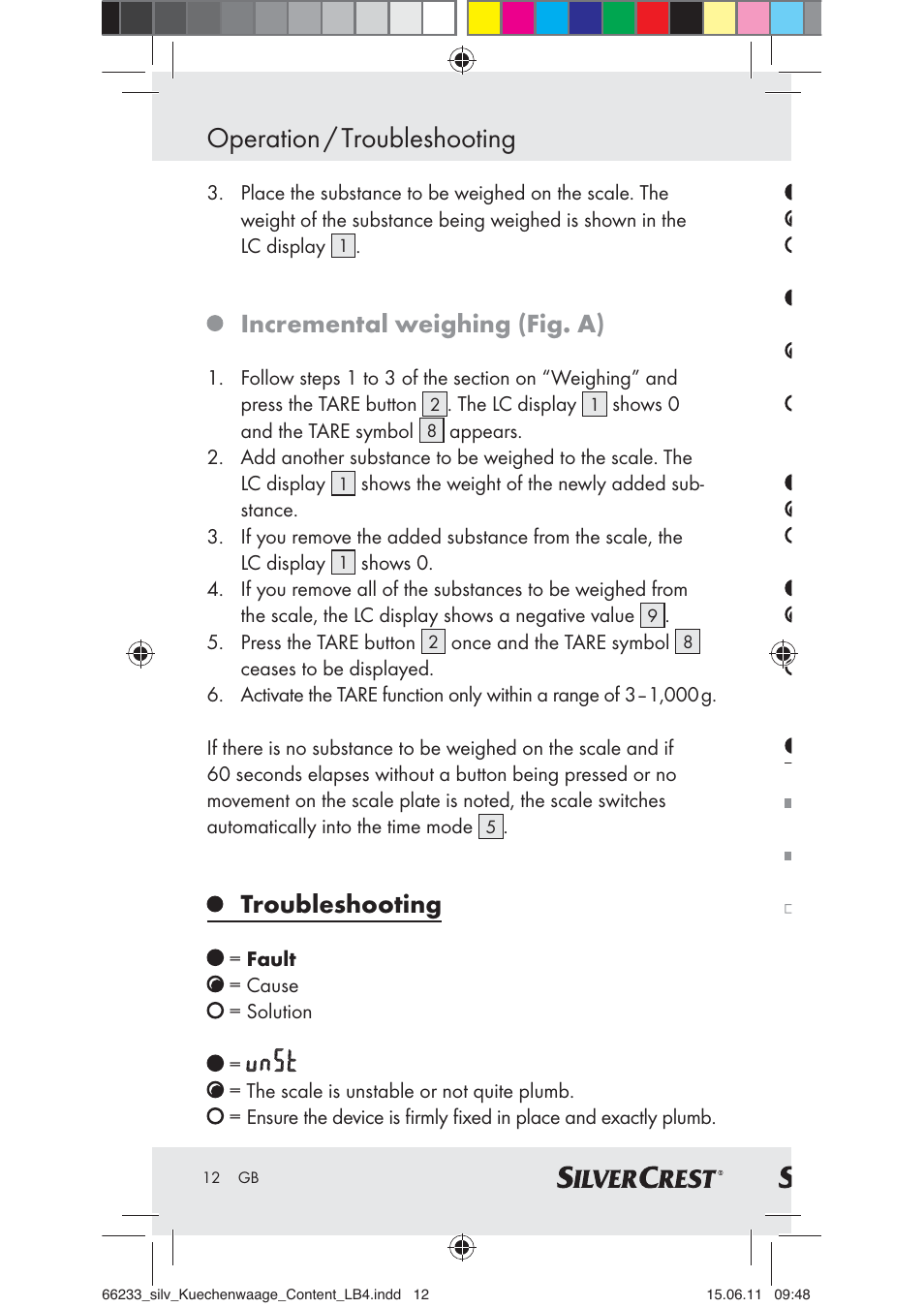 Operation / troubleshooting, Incremental weighing (fig. a), Troubleshooting | Silvercrest Z30441A User Manual | Page 10 / 82