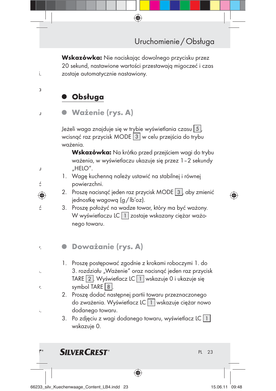 Uruchomienie / obsługa, Obsługa ważenie (rys. a), Doważanie (rys. a) | Silvercrest Z30441A User Manual | Page 21 / 82