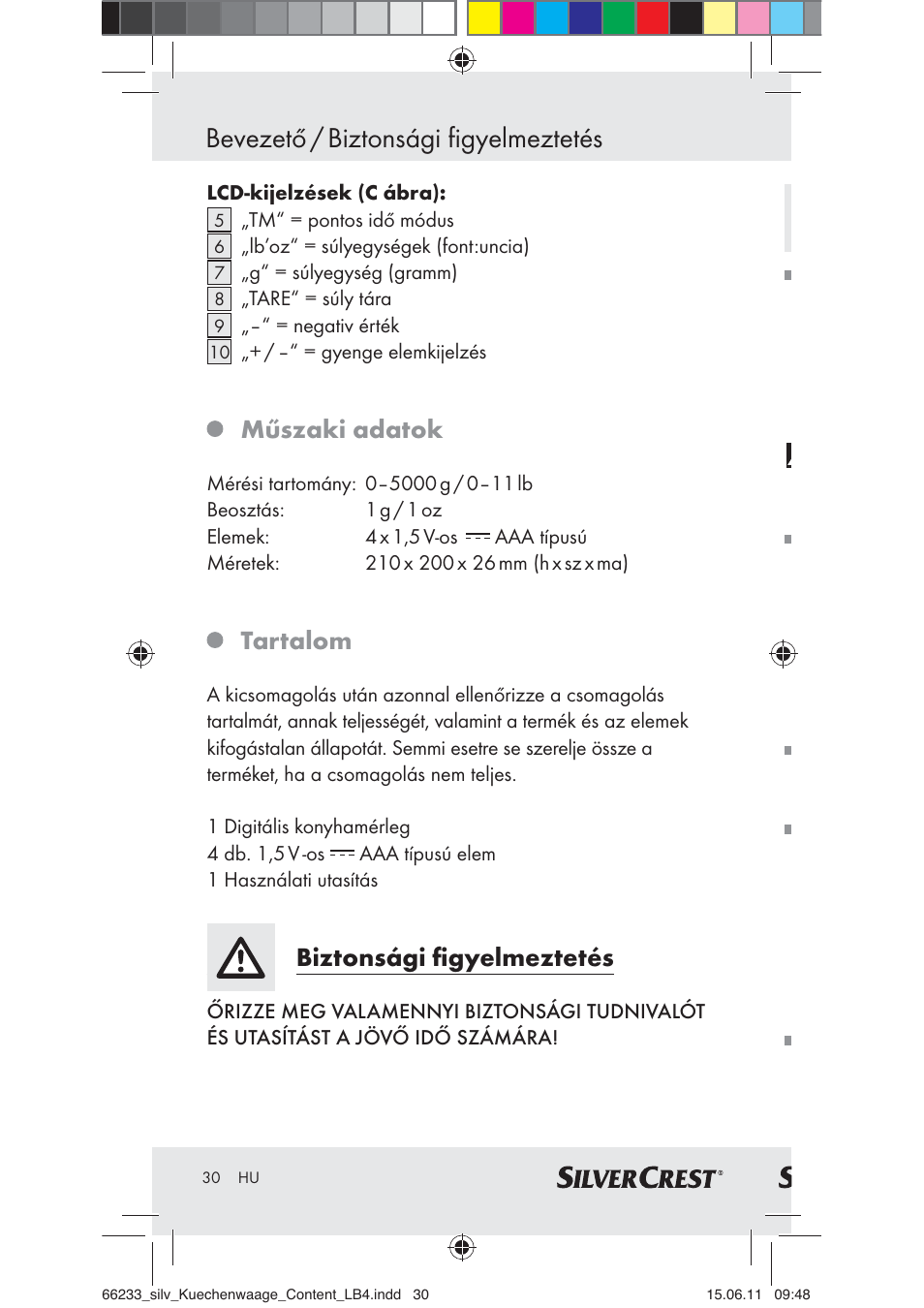 Bevezető / biztonsági figyelmeztetés, Műszaki adatok, Tartalom | Biztonsági ﬁgyelmeztetés | Silvercrest Z30441A User Manual | Page 28 / 82