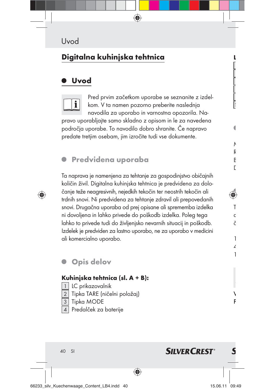 Uvod, Digitalna kuhinjska tehtnica, Predvidena uporaba | Opis delov | Silvercrest Z30441A User Manual | Page 38 / 82