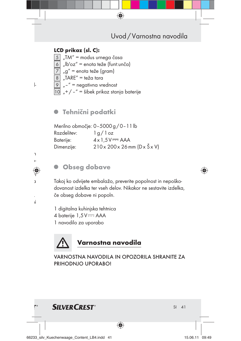 Uvod / varnostna navodila, Tehnični podatki, Obseg dobave | Varnostna navodila | Silvercrest Z30441A User Manual | Page 39 / 82