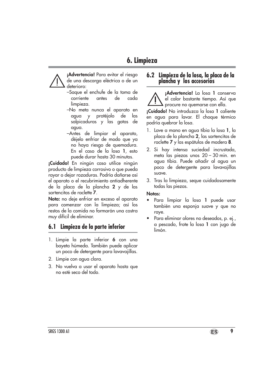 Limpieza, 1 limpieza de la parte inferior, Instrucciones del capítulo "6. limpieza | Silvercrest SRGS 1300 A1 User Manual | Page 10 / 48