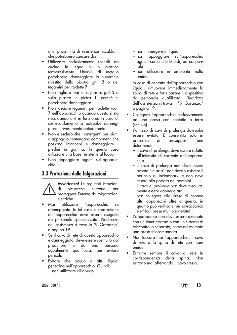 3 protezione dalle folgorazioni | Silvercrest SRGS 1300 A1 User Manual | Page 14 / 48