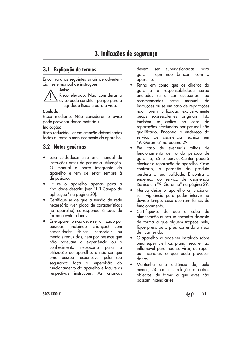 Indicações de segurança, 1 explicação de termos, 2 notas genéricas | Silvercrest SRGS 1300 A1 User Manual | Page 22 / 48