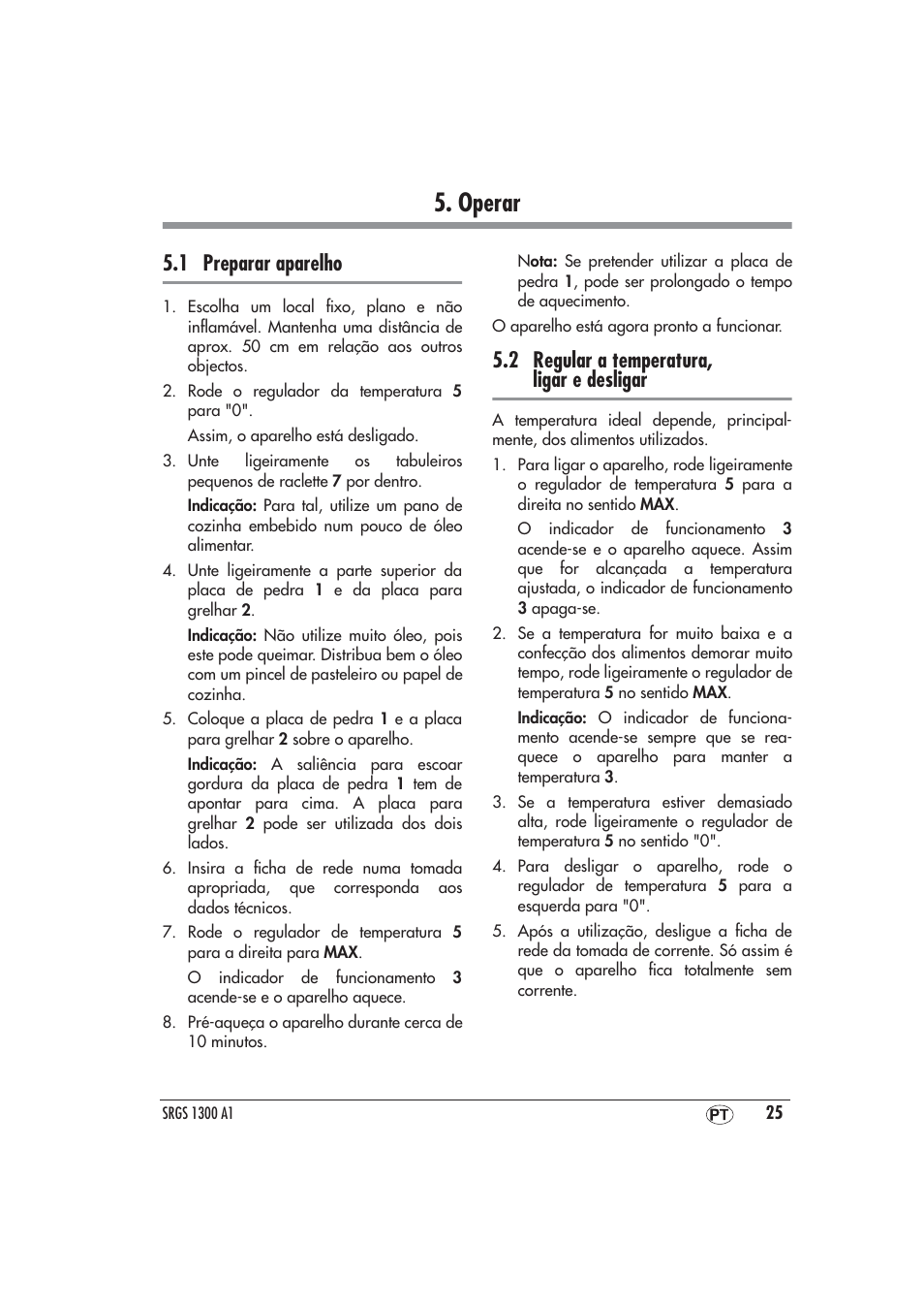 Operar, 1 preparar aparelho, 2 regular a temperatura, ligar e desligar | Silvercrest SRGS 1300 A1 User Manual | Page 26 / 48