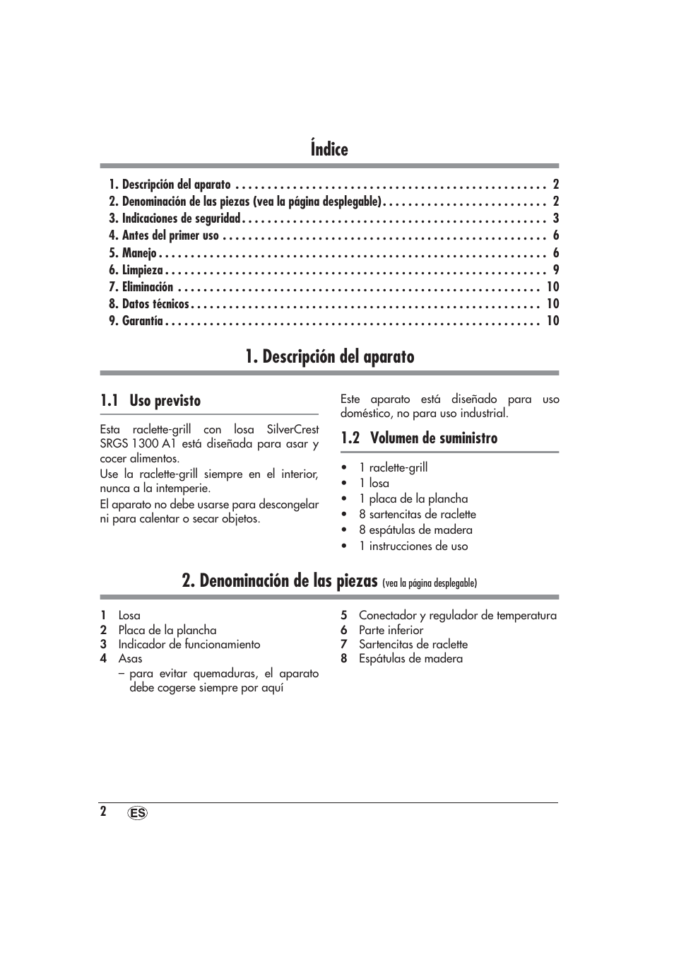 Español, Índice, Descripción del aparato | 1 uso previsto, 2 volumen de suministro, Denominación de las piezas | Silvercrest SRGS 1300 A1 User Manual | Page 3 / 48