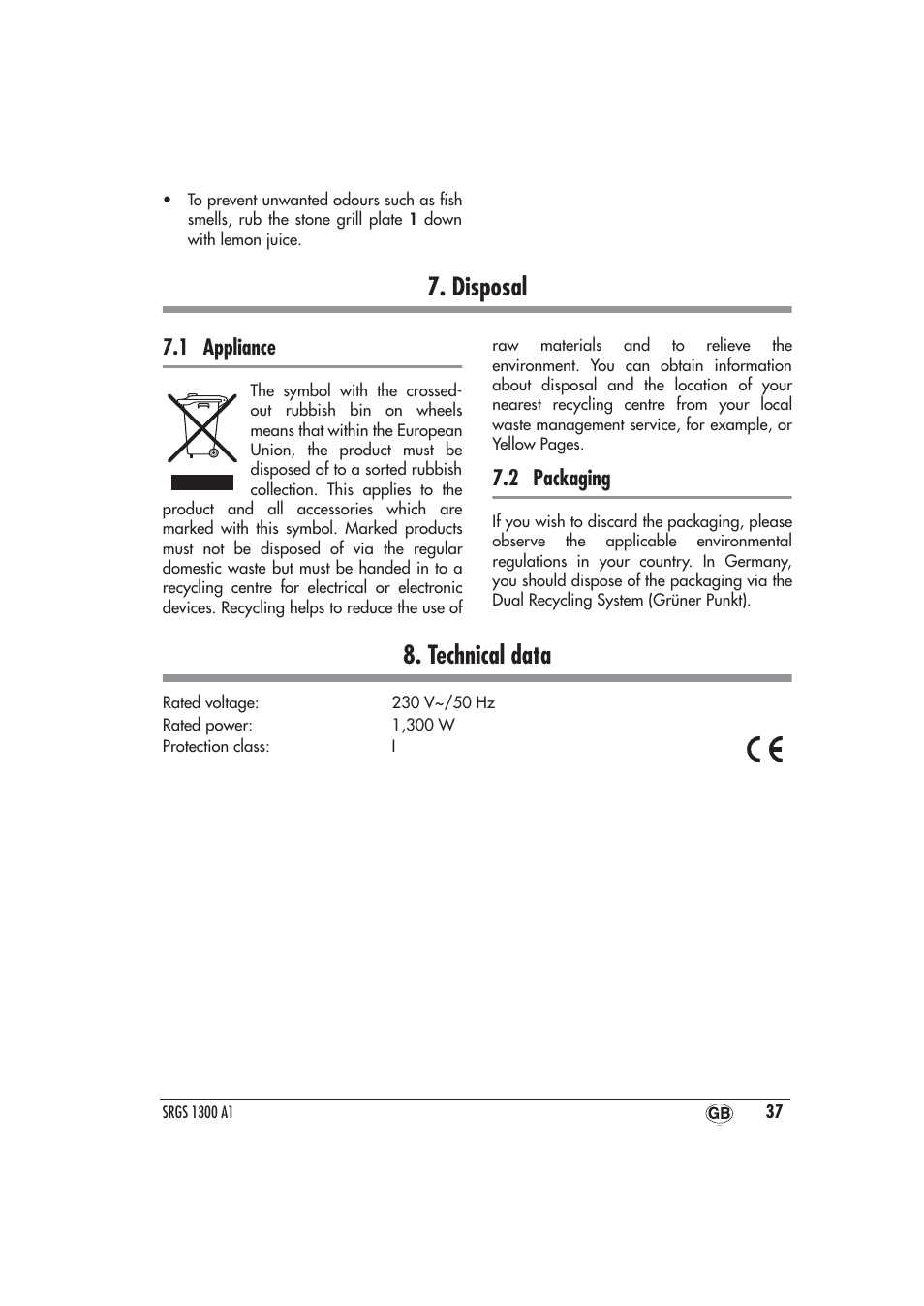 Disposal, 1 appliance, 2 packaging | Technical data, Disposal 8. technical data | Silvercrest SRGS 1300 A1 User Manual | Page 38 / 48