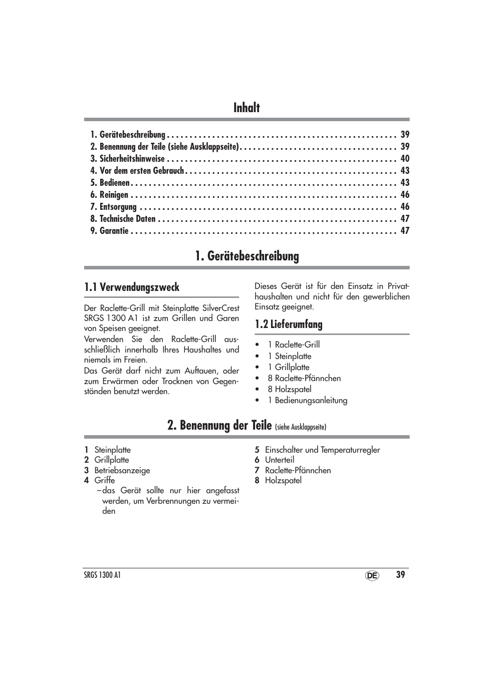 Gerätebeschreibung, 1 verwendungszweck, 2 lieferumfang | Benennung der teile (siehe ausklappseite), Inhalt, Benennung der teile | Silvercrest SRGS 1300 A1 User Manual | Page 40 / 48