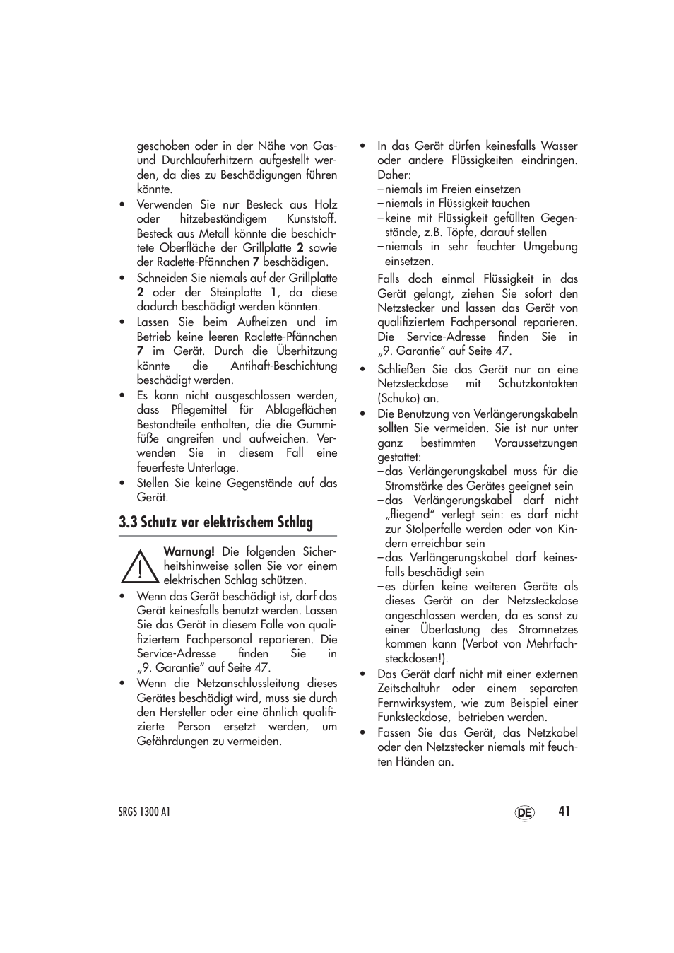3 schutz vor elektrischem schlag | Silvercrest SRGS 1300 A1 User Manual | Page 42 / 48