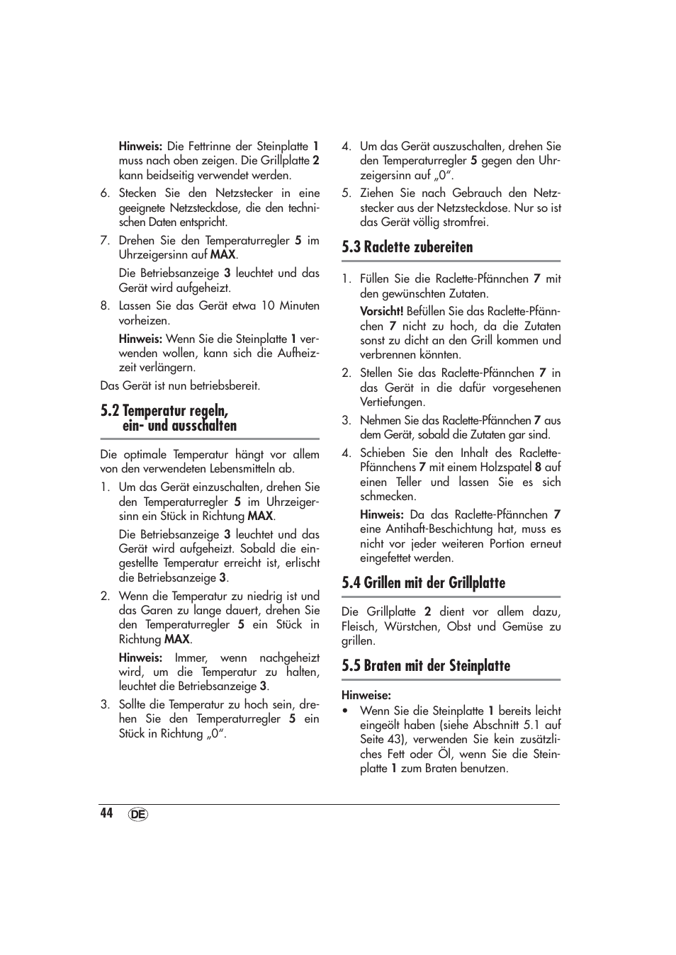 2 temperatur regeln, ein- und ausschalten, 3 raclette zubereiten, 4 grillen mit der grillplatte | 5 braten mit der steinplatte | Silvercrest SRGS 1300 A1 User Manual | Page 45 / 48