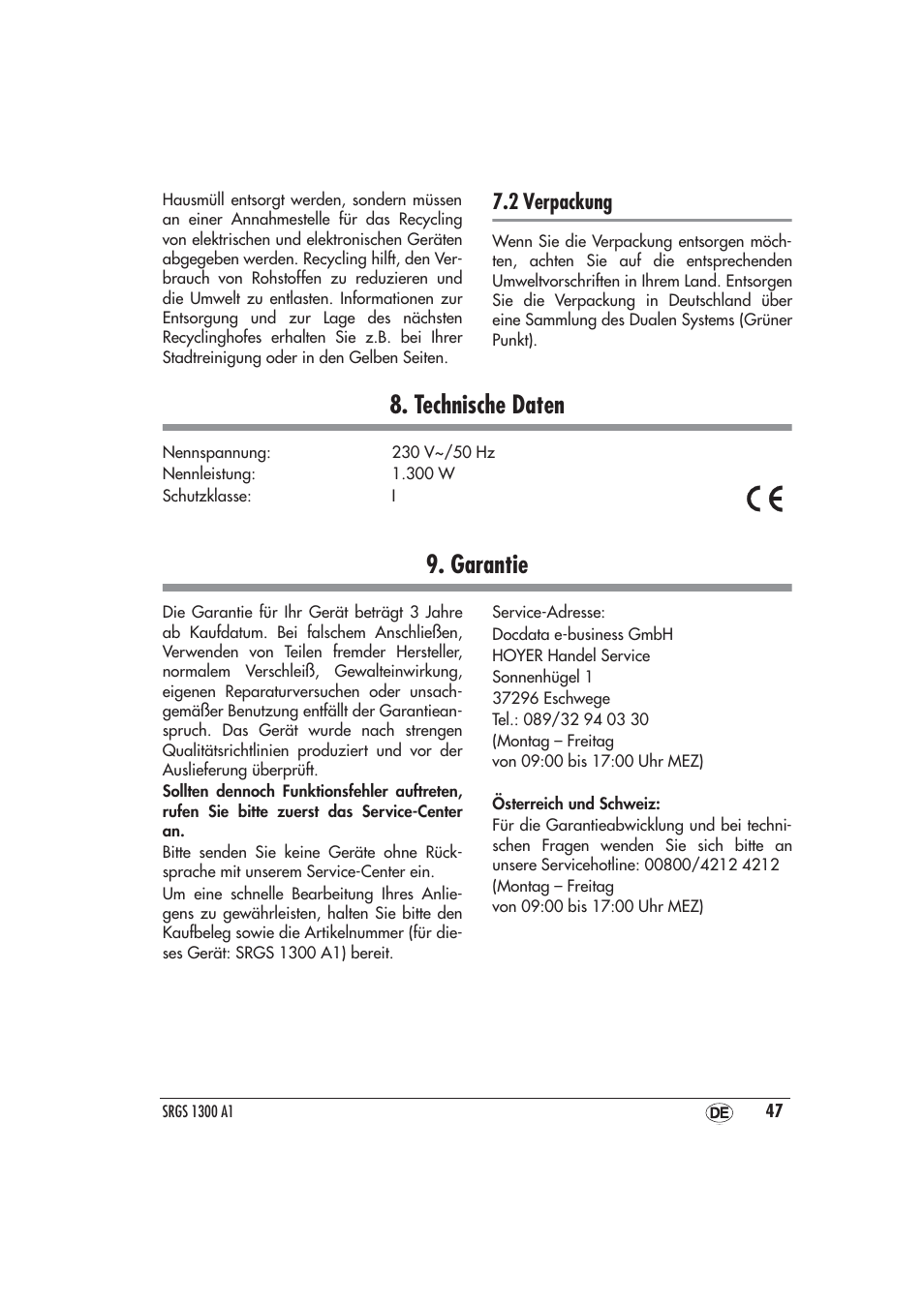 2 verpackung, Technische daten, Garantie | Technische daten 9. garantie, Garantie” auf seite 47 | Silvercrest SRGS 1300 A1 User Manual | Page 48 / 48