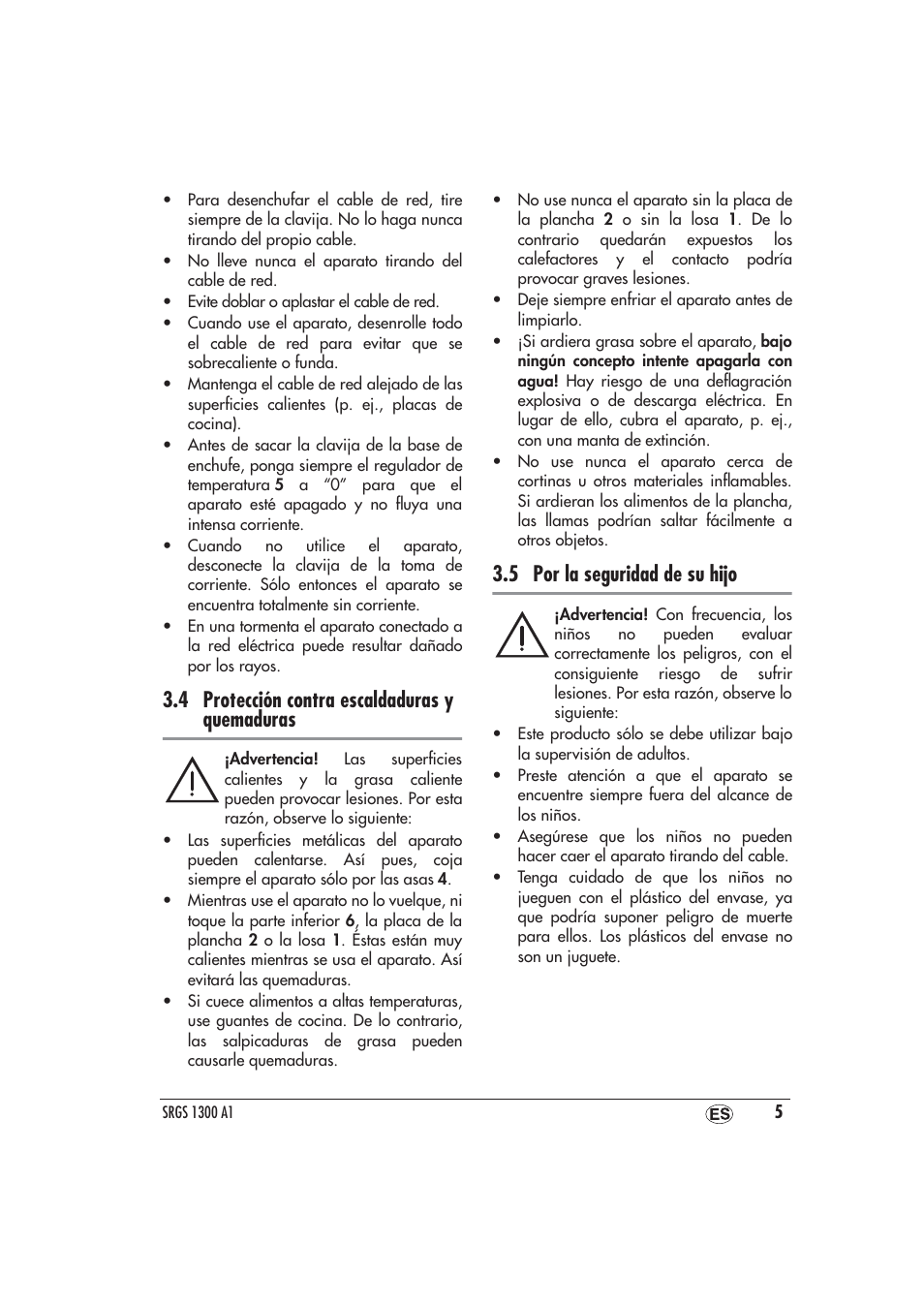 4 protección contra escaldaduras y quemaduras, 5 por la seguridad de su hijo | Silvercrest SRGS 1300 A1 User Manual | Page 6 / 48