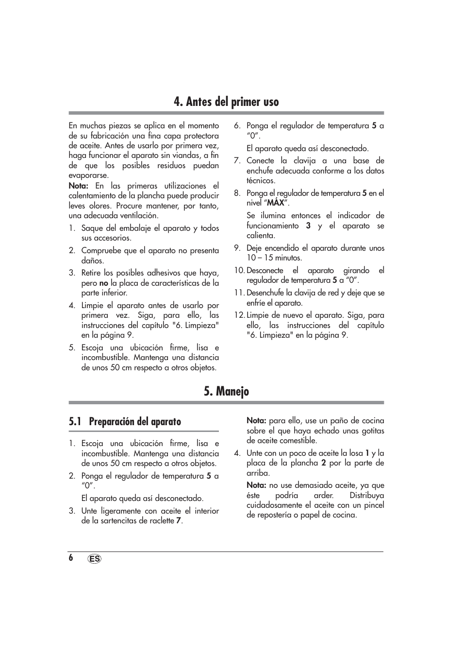 Antes del primer uso, Manejo, 1 preparación del aparato | Antes del primer uso 5. manejo | Silvercrest SRGS 1300 A1 User Manual | Page 7 / 48