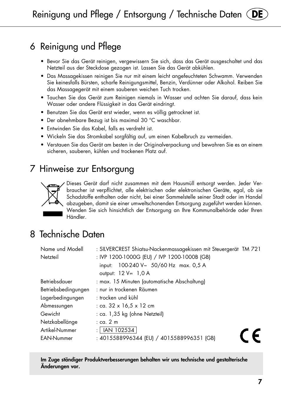 6 reinigung und pflege, 7 hinweise zur entsorgung, 8 technische daten | Silvercrest SHIATSU NECK MASSAGE CUSHION User Manual | Page 11 / 42