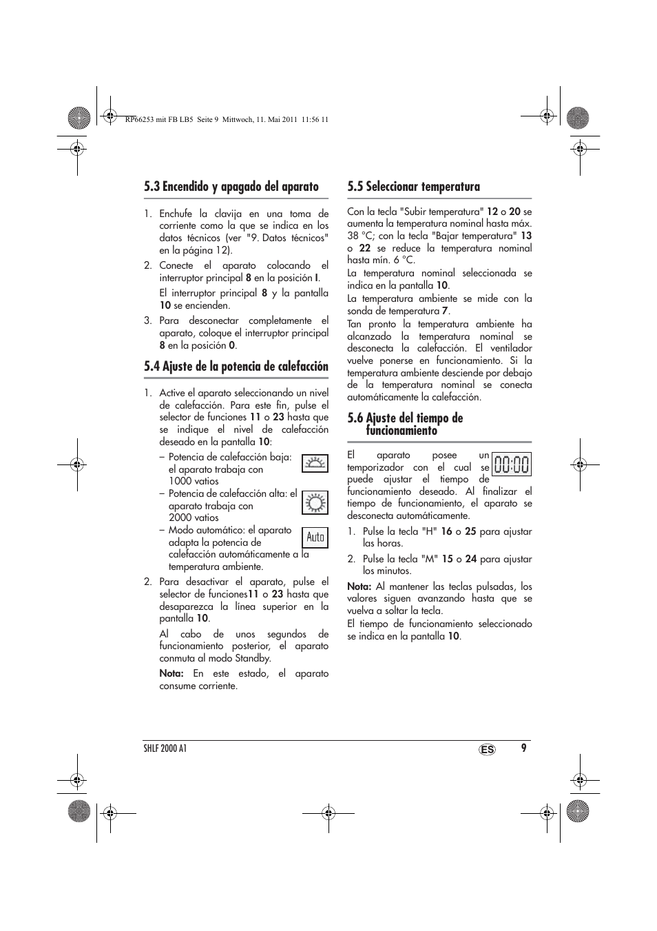 3 encendido y apagado del aparato, 4 ajuste de la potencia de calefacción, 5 seleccionar temperatura | 6 ajuste del tiempo de funcionamiento | Silvercrest SHLF 2000 A1 User Manual | Page 11 / 58