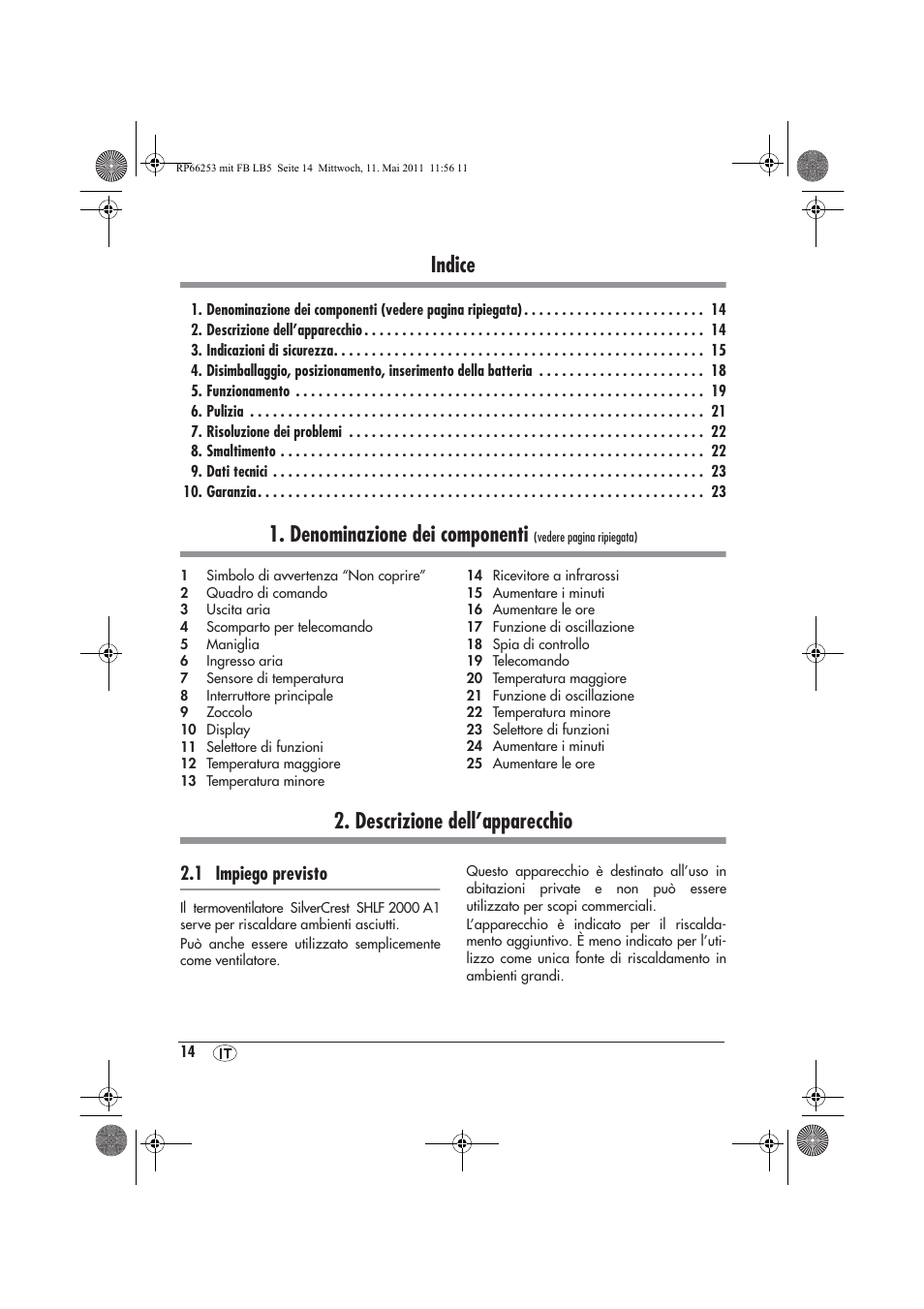 Indice, Denominazione dei componenti, Descrizione dell’apparecchio | 1 impiego previsto | Silvercrest SHLF 2000 A1 User Manual | Page 16 / 58