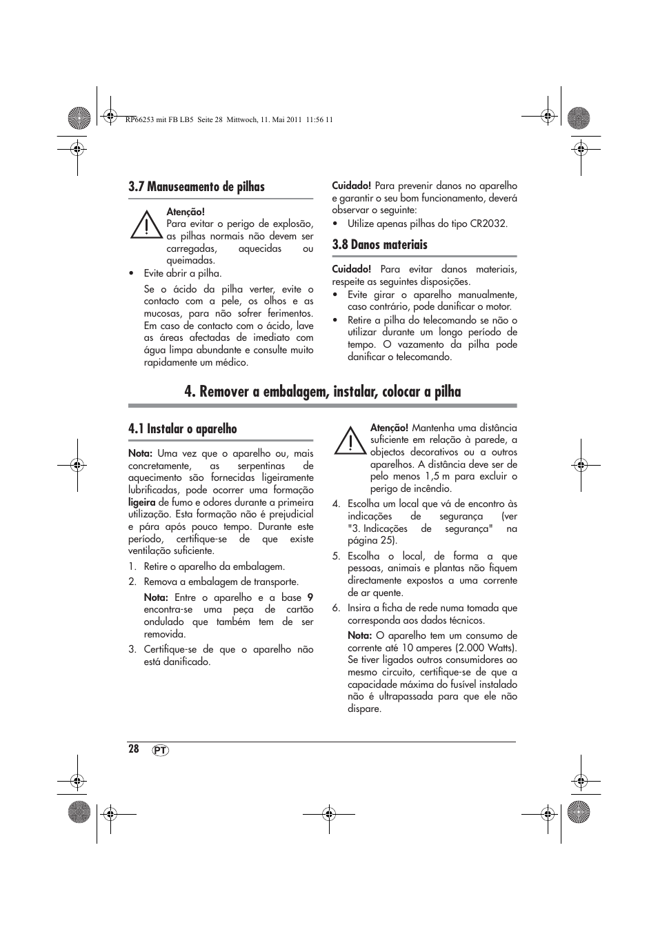 Remover a embalagem, instalar, colocar a pilha, 7 manuseamento de pilhas, 8 danos materiais | 1 instalar o aparelho | Silvercrest SHLF 2000 A1 User Manual | Page 30 / 58