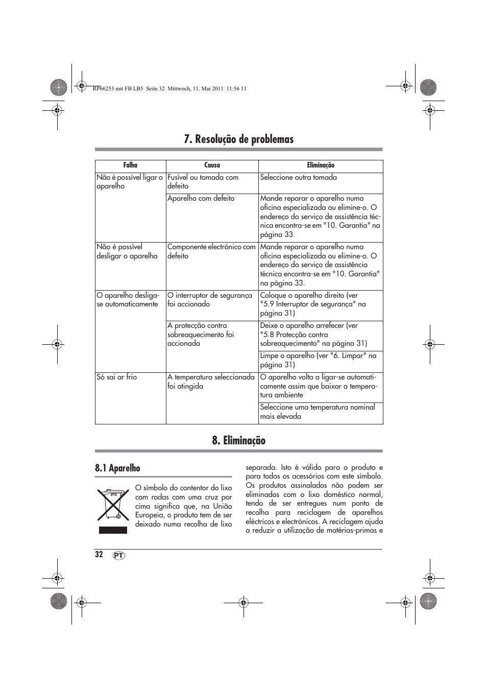 Resolução de problemas 8. eliminação, 1 aparelho | Silvercrest SHLF 2000 A1 User Manual | Page 34 / 58