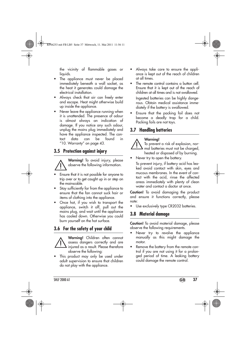 5 protection against injury, 6 for the safety of your child, 7 handling batteries | 8 material damage | Silvercrest SHLF 2000 A1 User Manual | Page 39 / 58