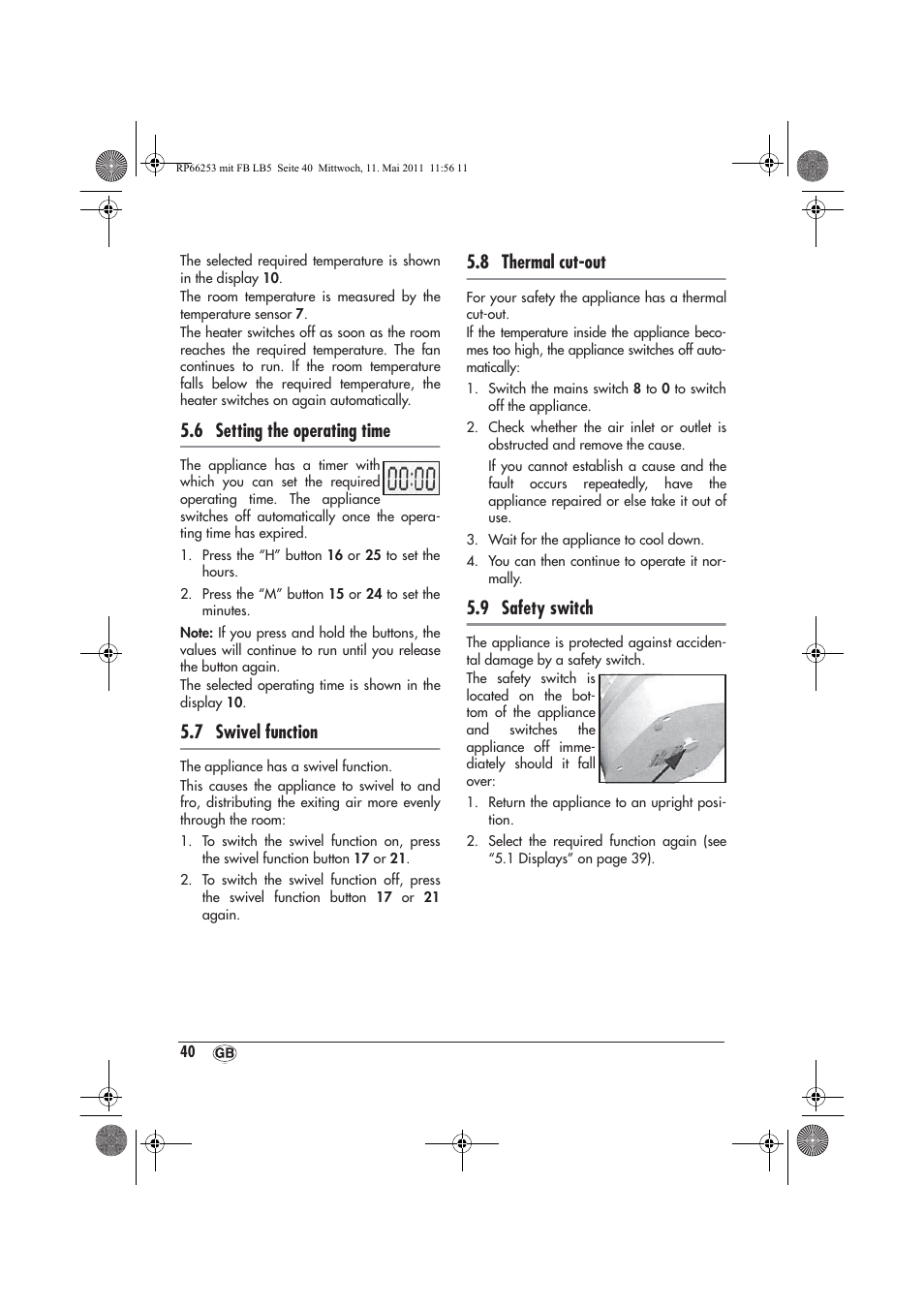 6 setting the operating time, 7 swivel function, 8 thermal cut-out | 9 safety switch | Silvercrest SHLF 2000 A1 User Manual | Page 42 / 58