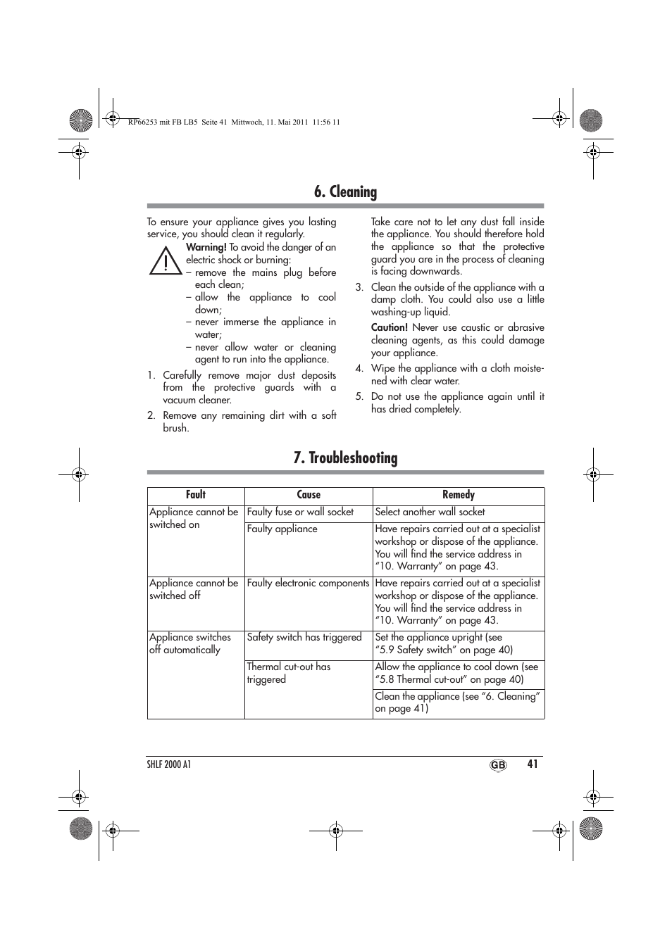 Cleaning, Troubleshooting | Silvercrest SHLF 2000 A1 User Manual | Page 43 / 58