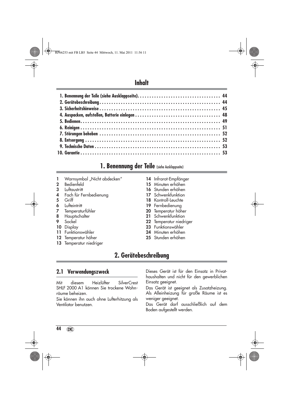 Inhalt, Benennung der teile, Gerätebeschreibung | 1 verwendungszweck | Silvercrest SHLF 2000 A1 User Manual | Page 46 / 58