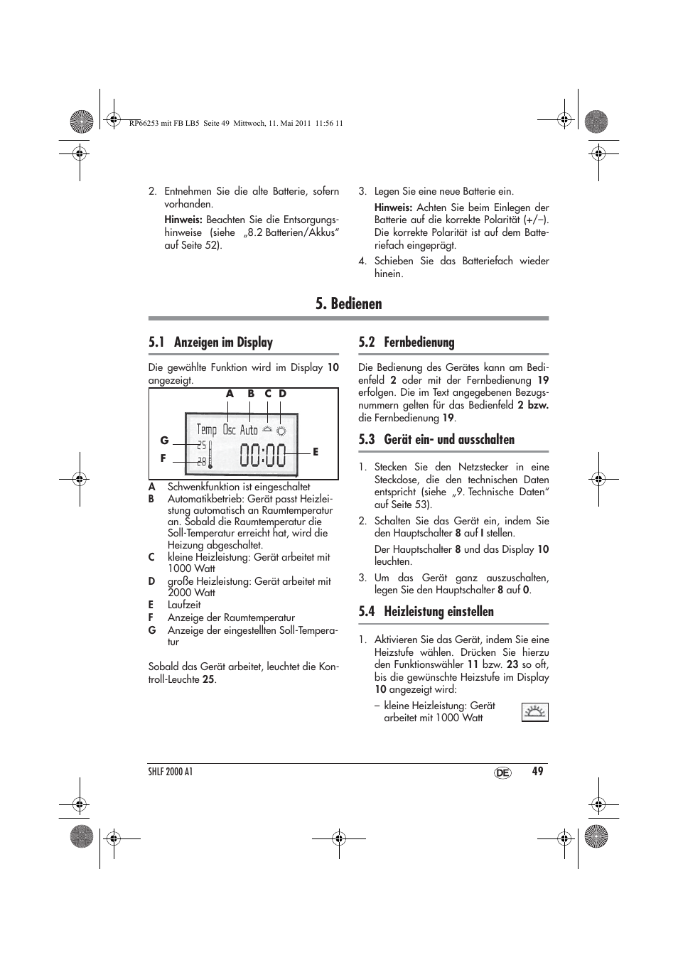 Bedienen, 1 anzeigen im display, 2 fernbedienung | 3 gerät ein- und ausschalten, 4 heizleistung einstellen | Silvercrest SHLF 2000 A1 User Manual | Page 51 / 58