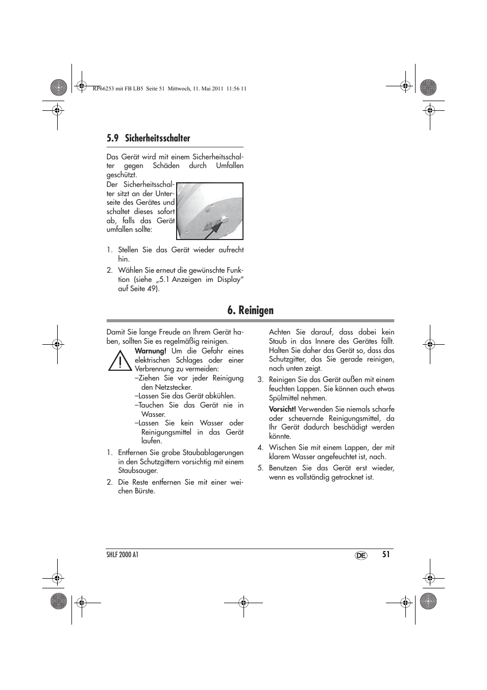 Reinigen, 9 sicherheitsschalter | Silvercrest SHLF 2000 A1 User Manual | Page 53 / 58