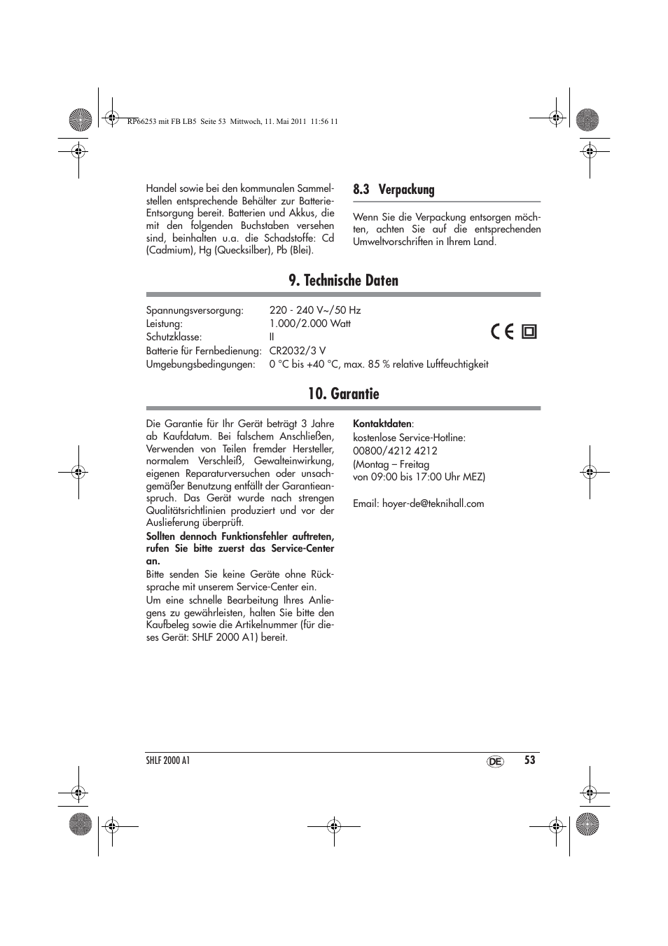 Technische daten, Garantie, 3 verpackung | Silvercrest SHLF 2000 A1 User Manual | Page 55 / 58