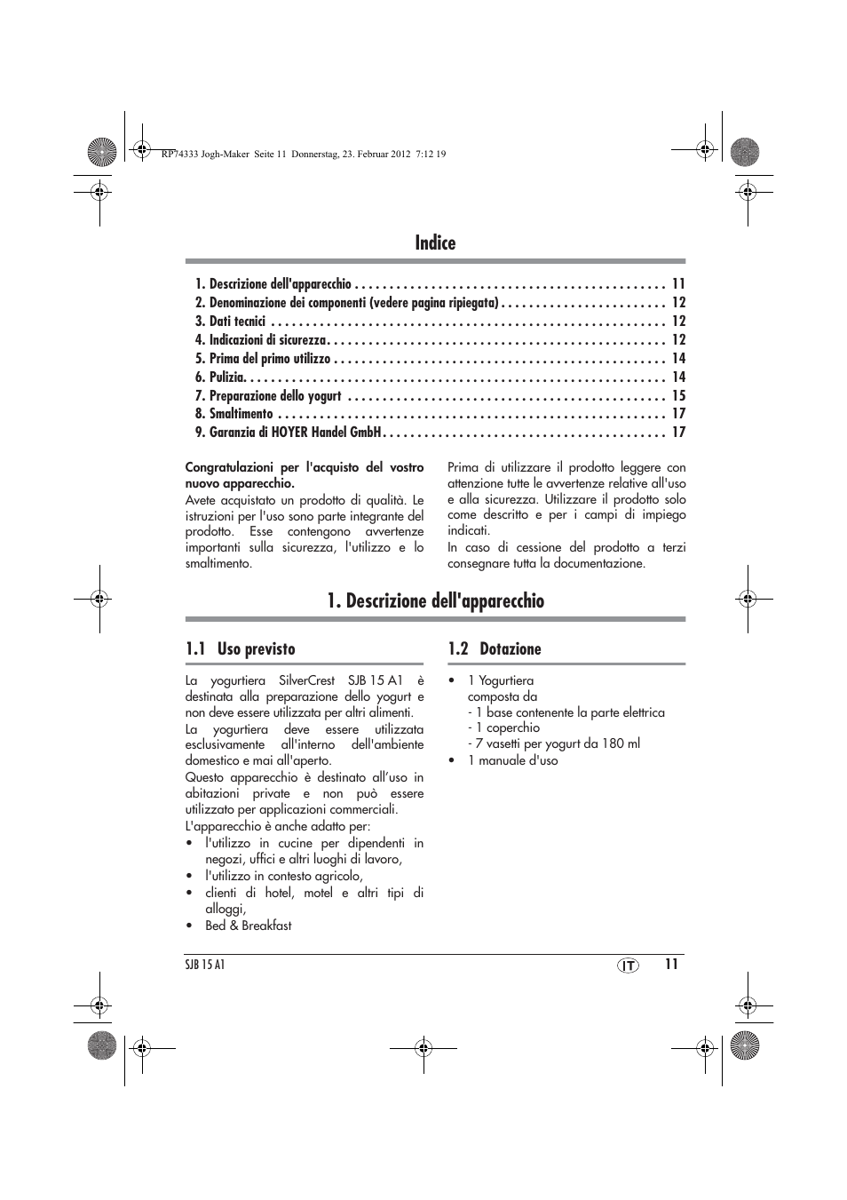 Indice, Descrizione dell'apparecchio | Silvercrest SJB 15 A1 User Manual | Page 13 / 46