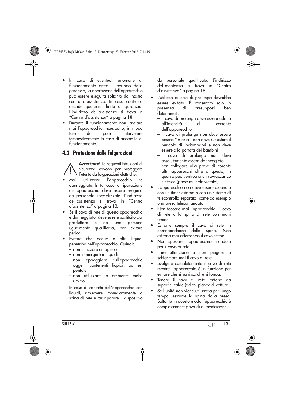 3 protezione dalle folgorazioni | Silvercrest SJB 15 A1 User Manual | Page 15 / 46