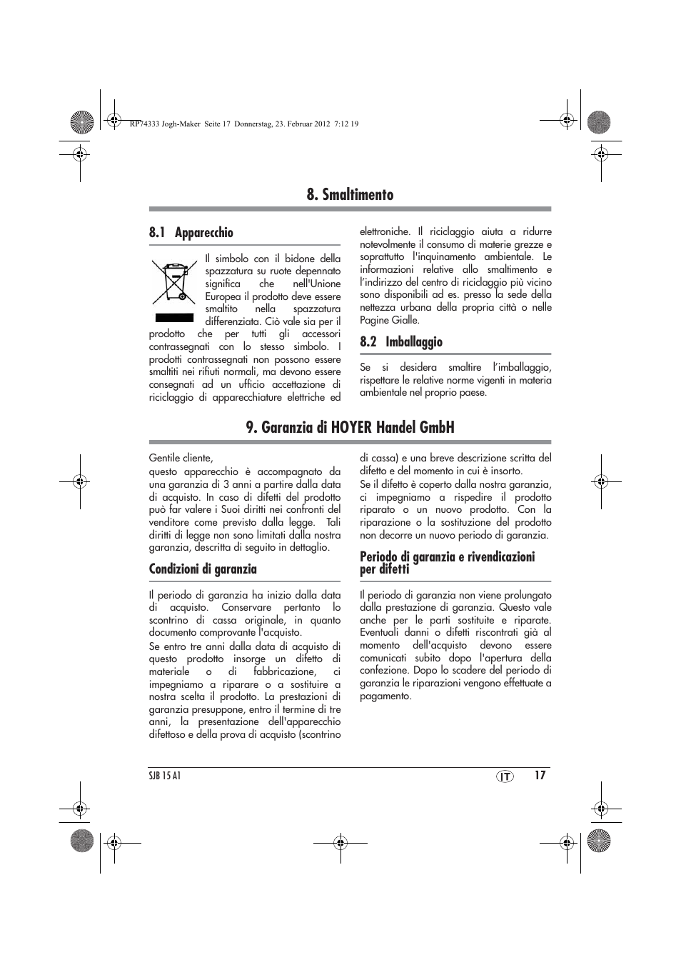 Smaltimento, Garanzia di hoyer handel gmbh | Silvercrest SJB 15 A1 User Manual | Page 19 / 46