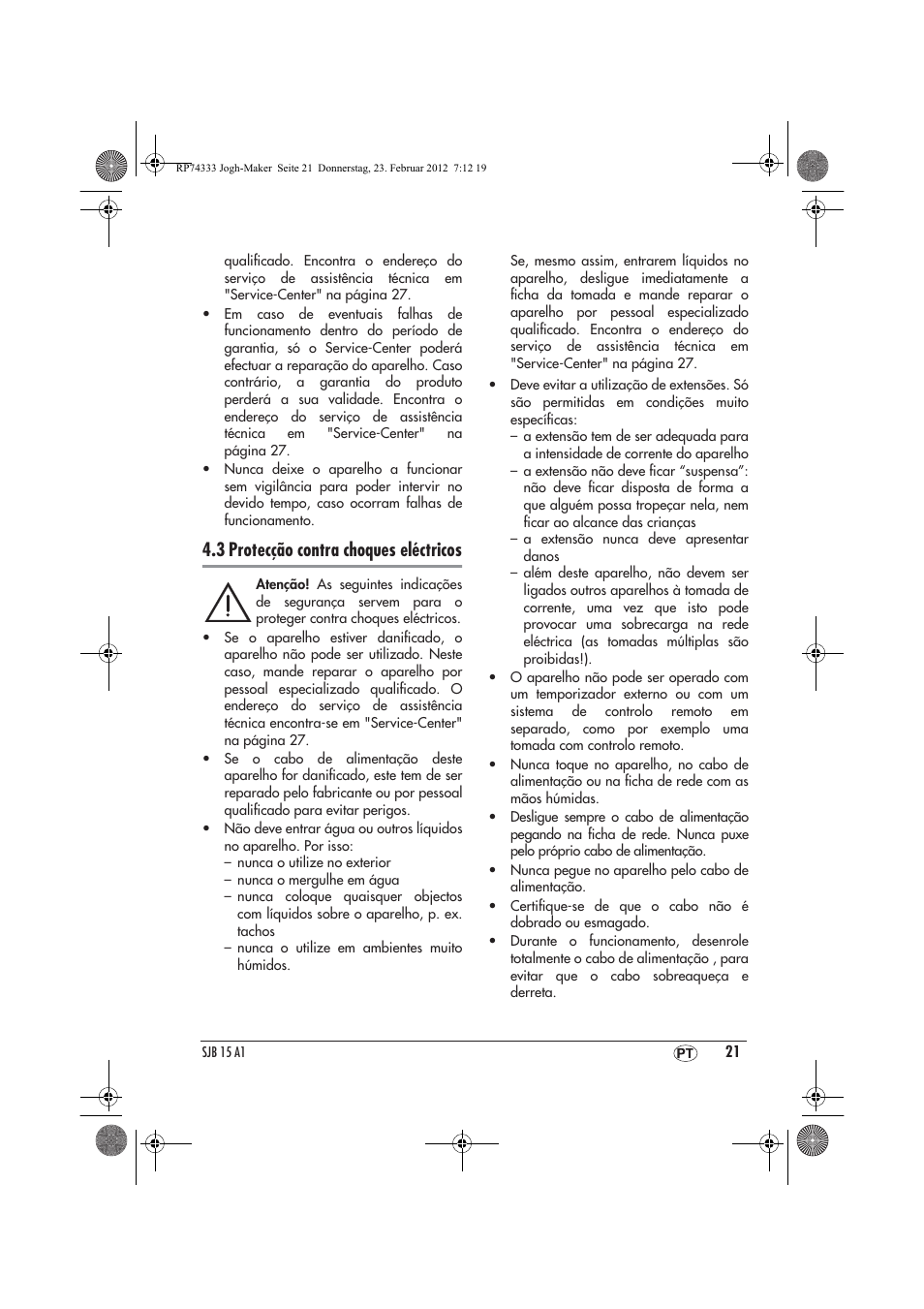 3 protecção contra choques eléctricos | Silvercrest SJB 15 A1 User Manual | Page 23 / 46