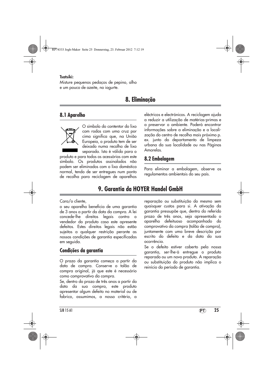 Eliminação, Garantia da hoyer handel gmbh | Silvercrest SJB 15 A1 User Manual | Page 27 / 46