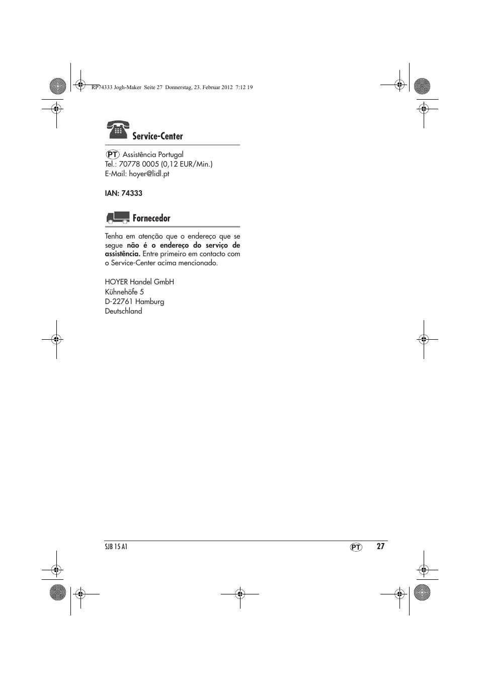 Service-center, Fornecedor | Silvercrest SJB 15 A1 User Manual | Page 29 / 46