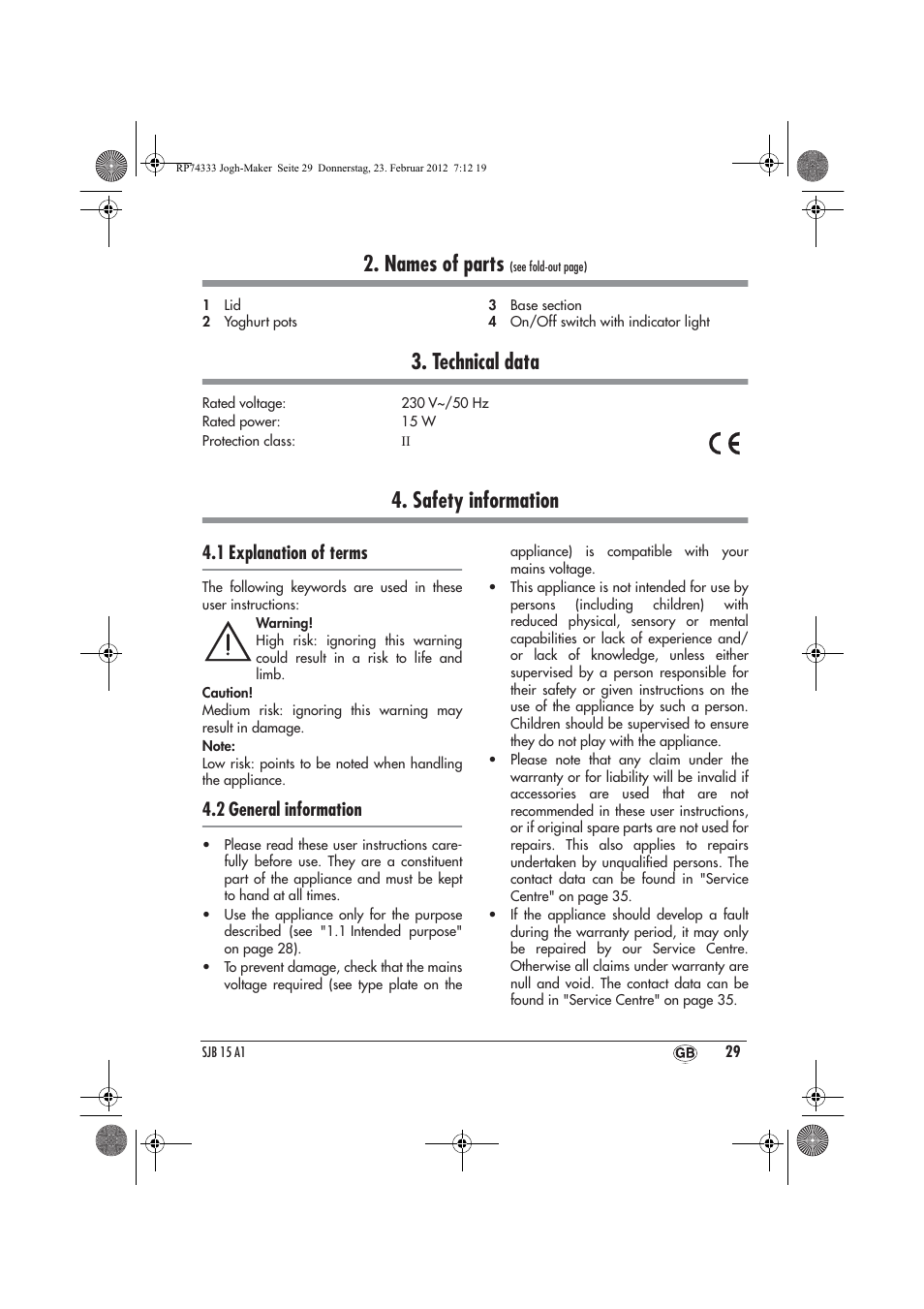 Names of parts, Technical data, Safety information | 1 explanation of terms, 2 general information | Silvercrest SJB 15 A1 User Manual | Page 31 / 46