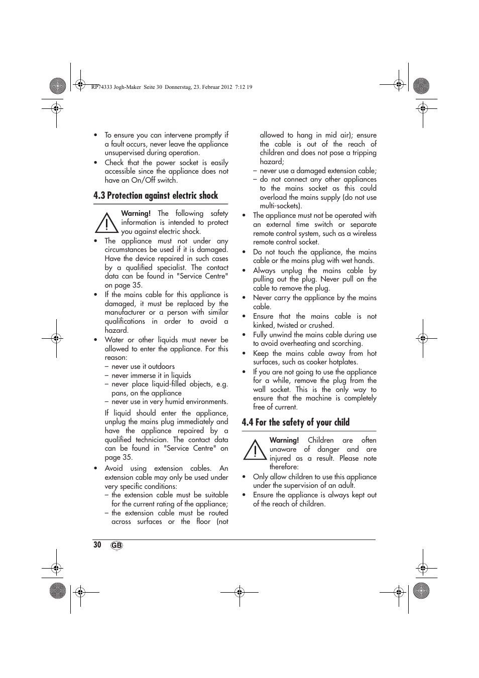 3 protection against electric shock, 4 for the safety of your child | Silvercrest SJB 15 A1 User Manual | Page 32 / 46