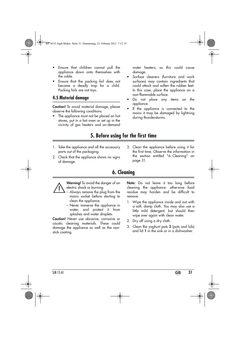 Before using for the ﬁrst time, Cleaning, 5 material damage | Silvercrest SJB 15 A1 User Manual | Page 33 / 46