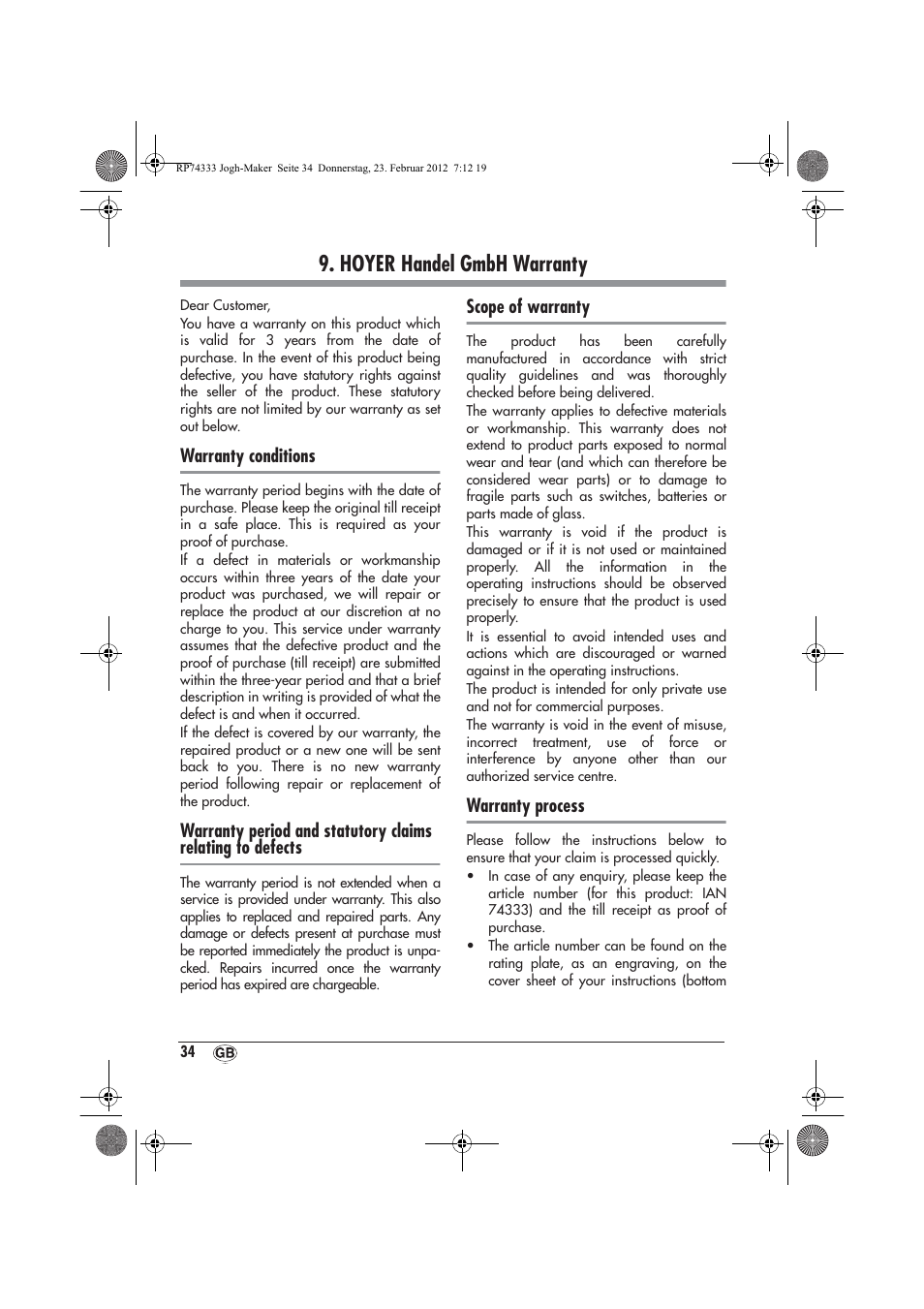 Hoyer handel gmbh warranty | Silvercrest SJB 15 A1 User Manual | Page 36 / 46