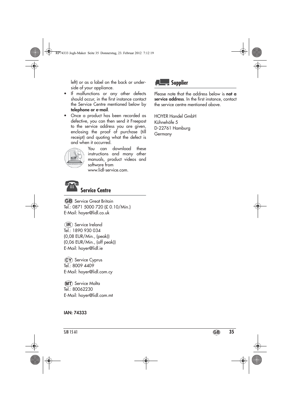 Service centre, Supplier | Silvercrest SJB 15 A1 User Manual | Page 37 / 46