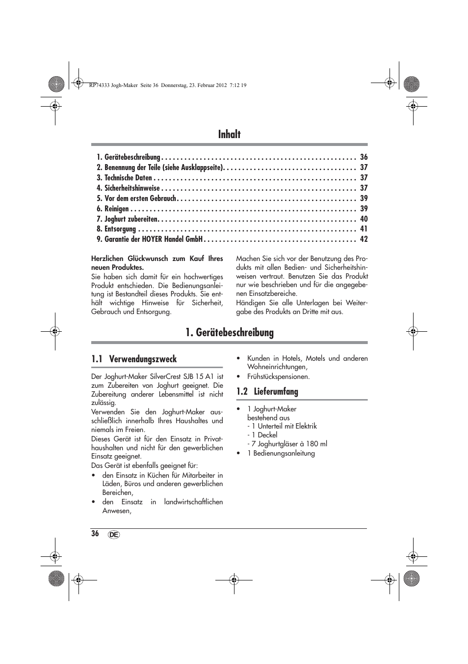 Inhalt, Gerätebeschreibung, 1 verwendungszweck | 2 lieferumfang | Silvercrest SJB 15 A1 User Manual | Page 38 / 46