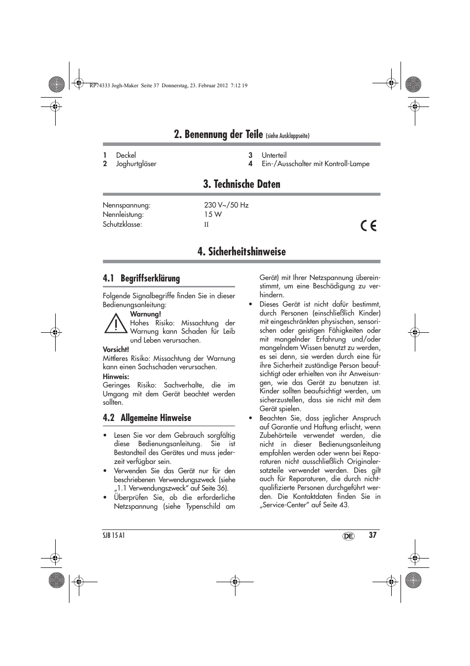 Benennung der teile, Technische daten, Sicherheitshinweise | 1 begriffserklärung, 2 allgemeine hinweise | Silvercrest SJB 15 A1 User Manual | Page 39 / 46