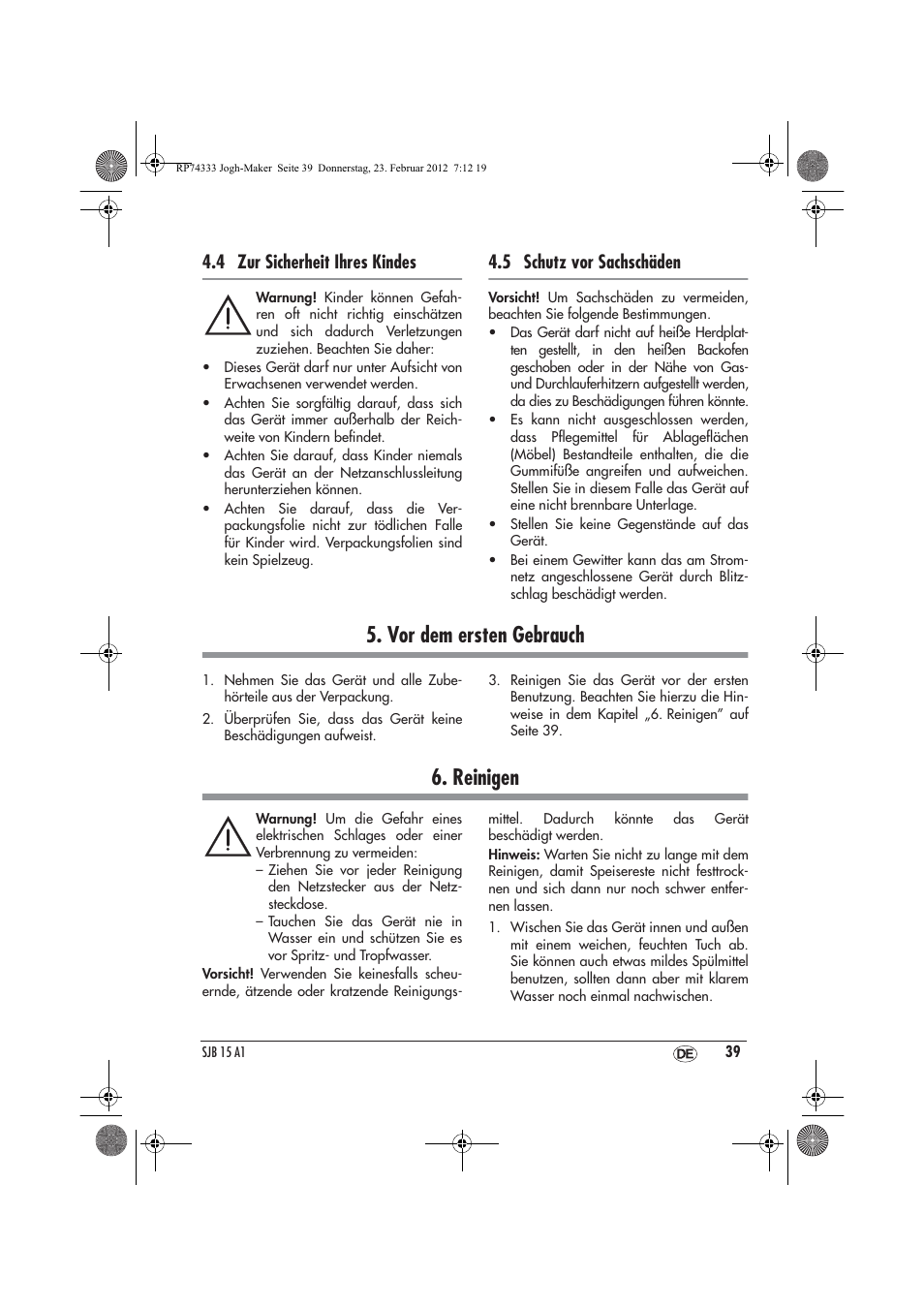 Vor dem ersten gebrauch, Reinigen, 4 zur sicherheit ihres kindes | 5 schutz vor sachschäden | Silvercrest SJB 15 A1 User Manual | Page 41 / 46