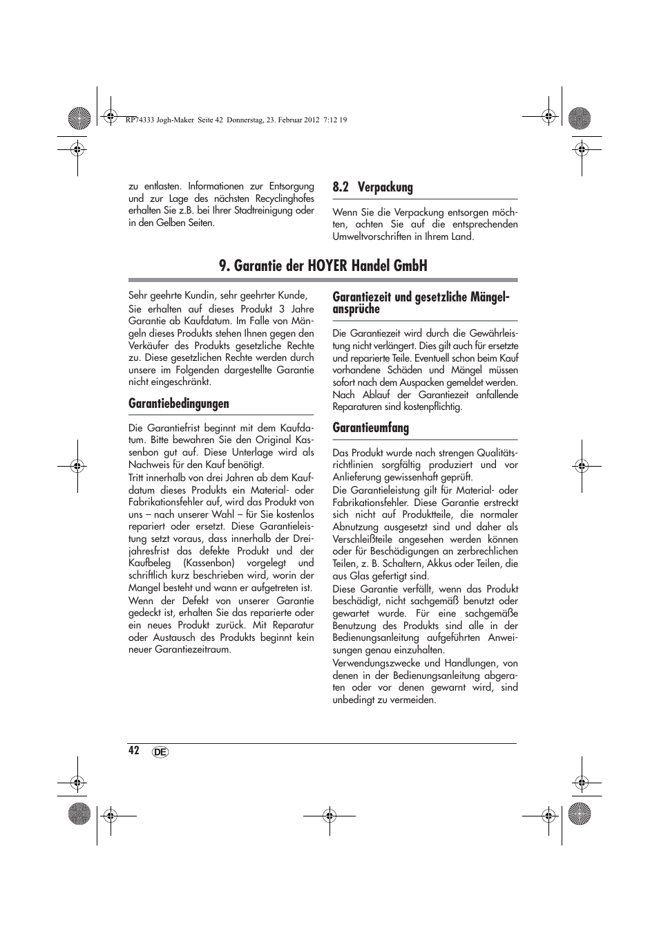 Garantie der hoyer handel gmbh | Silvercrest SJB 15 A1 User Manual | Page 44 / 46
