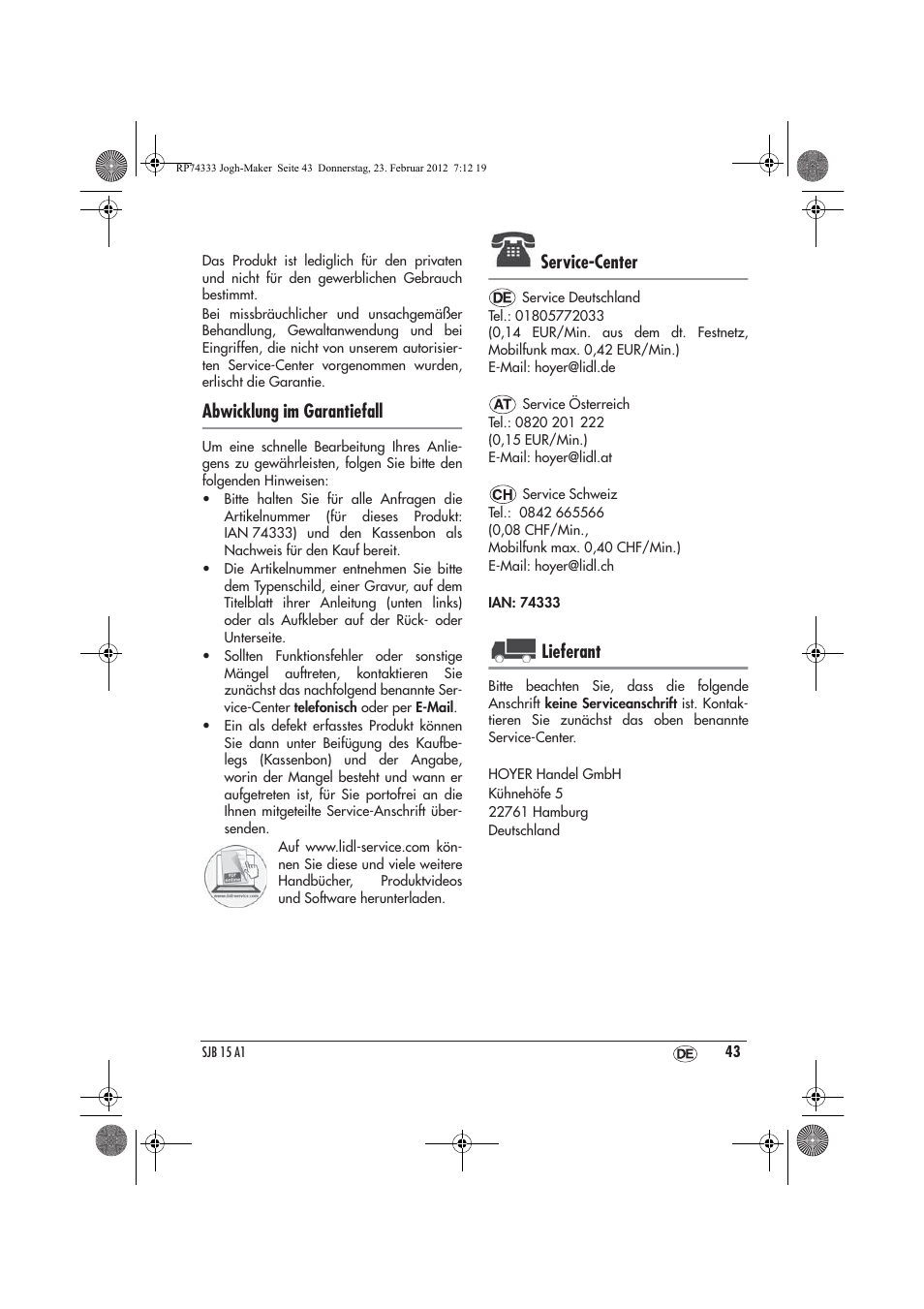 Abwicklung im garantiefall, Service-center, Lieferant | Silvercrest SJB 15 A1 User Manual | Page 45 / 46