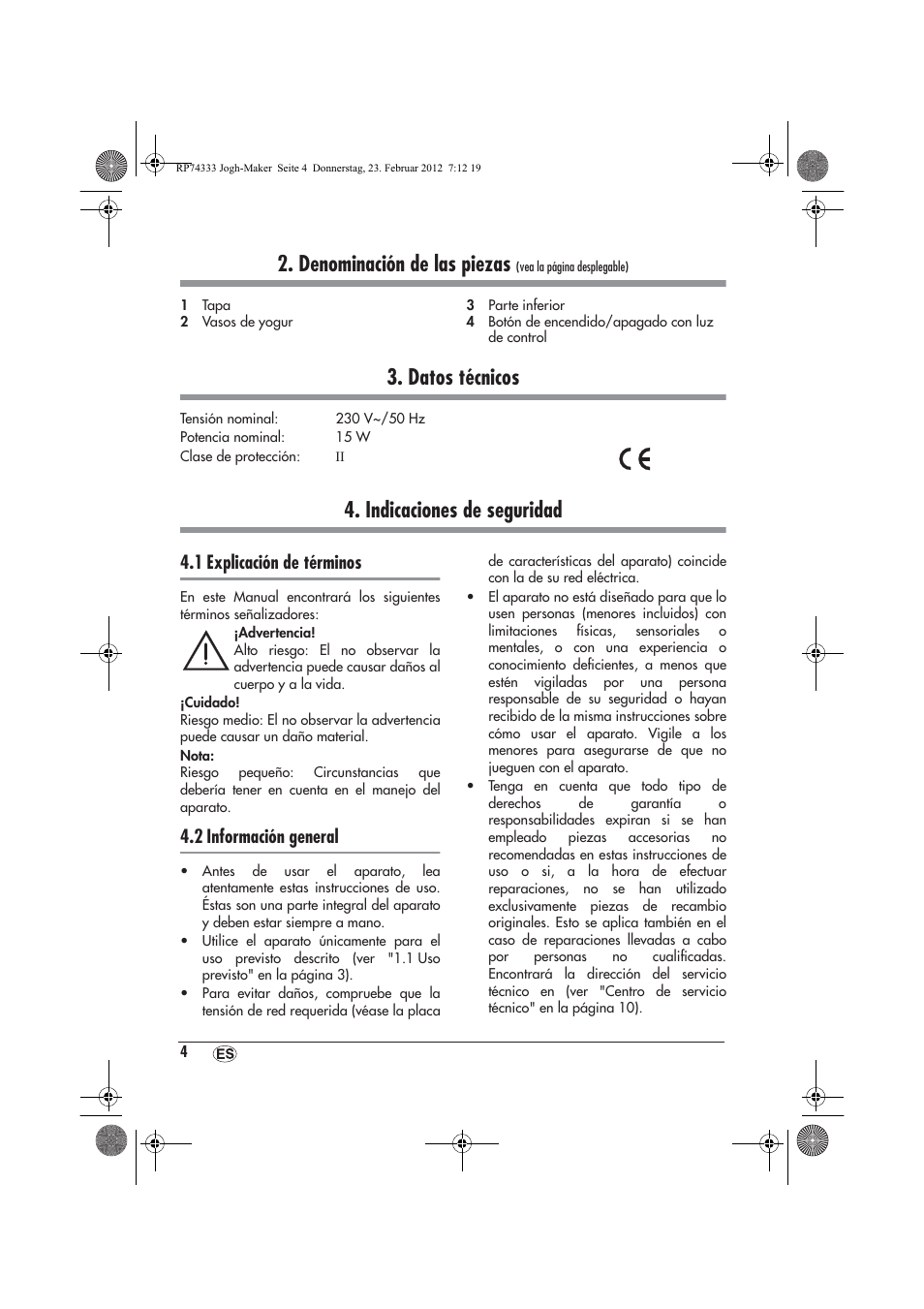 Denominación de las piezas, Datos técnicos, Indicaciones de seguridad | 1 explicación de términos, 2 información general | Silvercrest SJB 15 A1 User Manual | Page 6 / 46