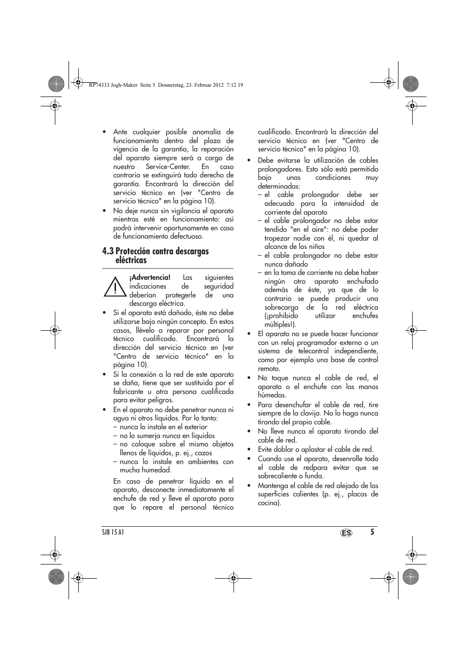 3 protección contra descargas eléctricas | Silvercrest SJB 15 A1 User Manual | Page 7 / 46