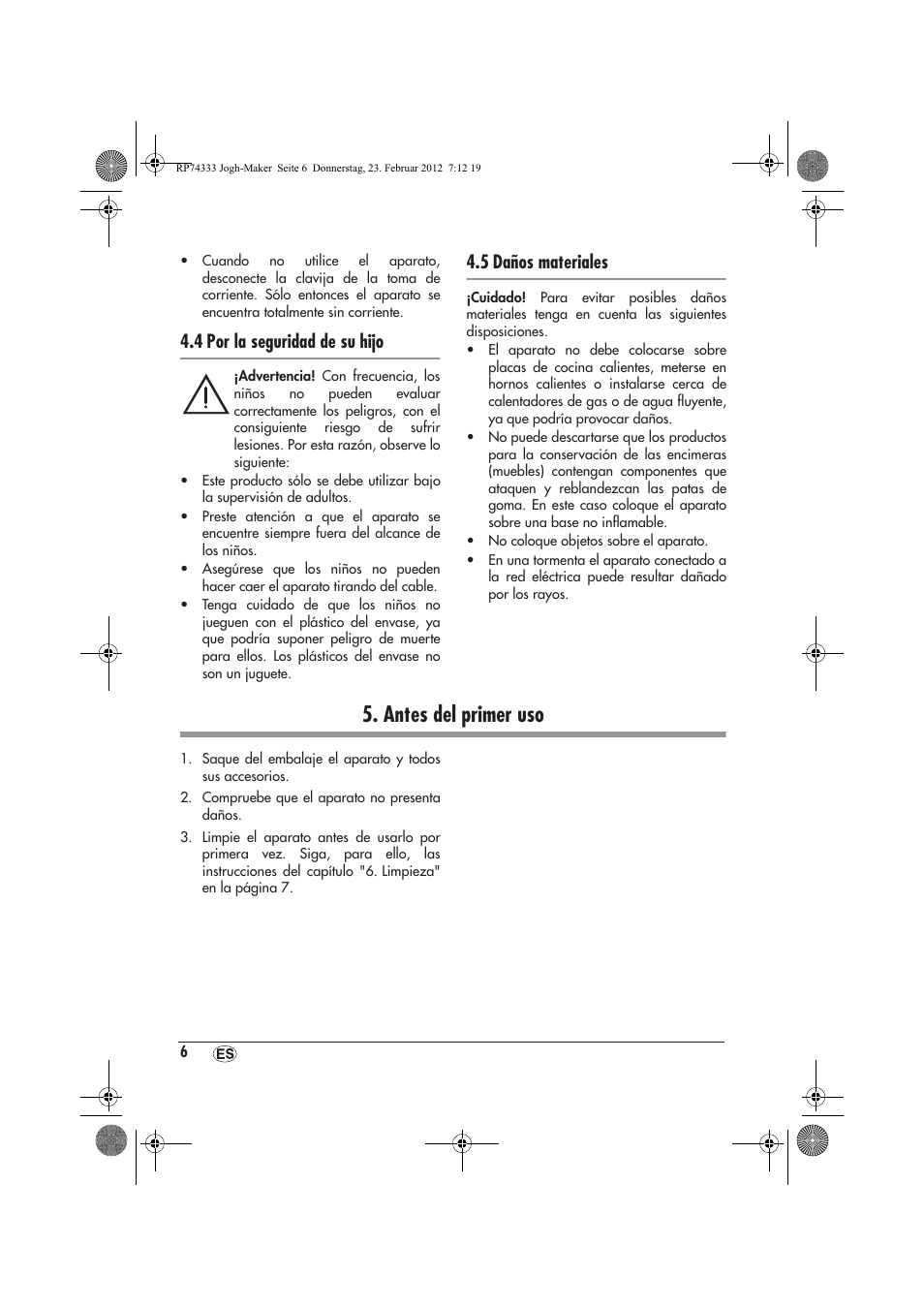 Antes del primer uso, 4 por la seguridad de su hijo, 5 daños materiales | Silvercrest SJB 15 A1 User Manual | Page 8 / 46